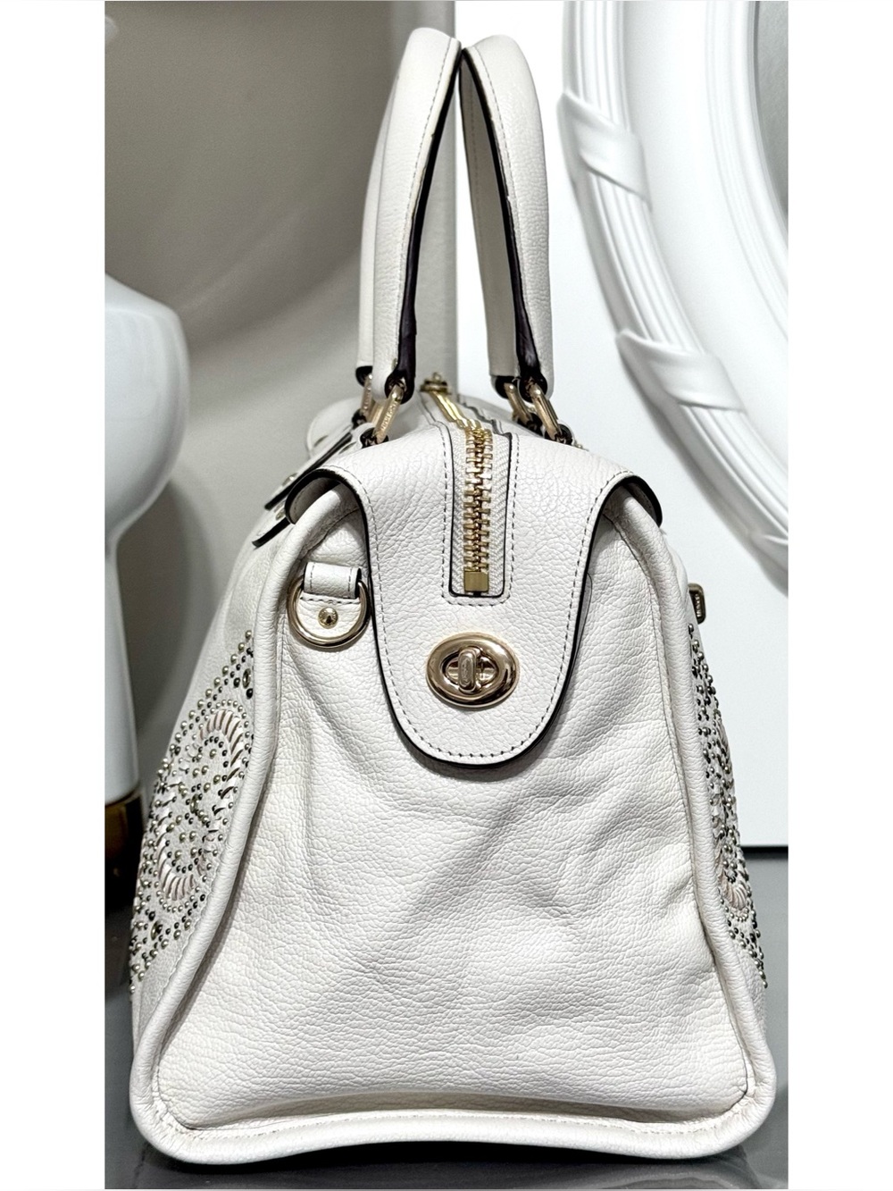 COACH Rhyder Satchel 34756 Chalk Pebble Leather Mini Rivets Crossbody - Picture 5 of 10